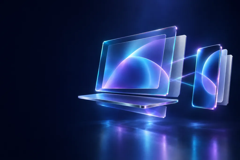 Paneles de vidrio con forma de portátil y teléfono conectados por luz