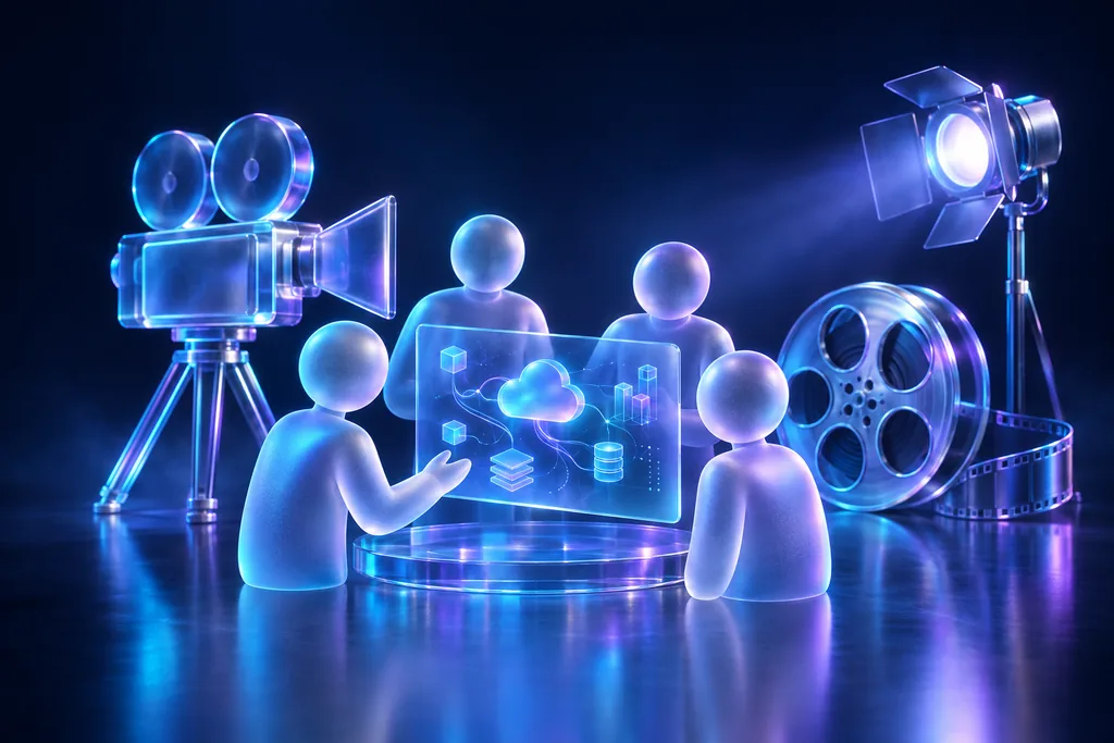 Ilustración de un equipo de medios y entretenimiento en una capacitación de tecnología