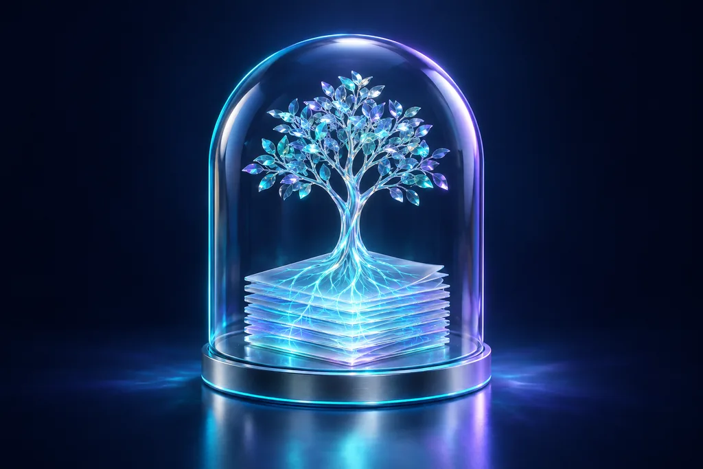 Árbol luminoso que crece desde una pila de documentación dentro de un domo de vidrio