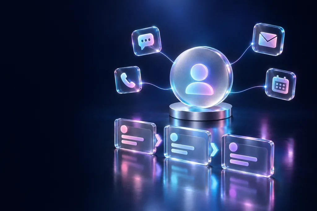 Disco de vidrio con un cliente al centro, conectado a chat, correo, teléfono y agenda, y tarjetas de oportunidades que avanzan por las etapas del embudo