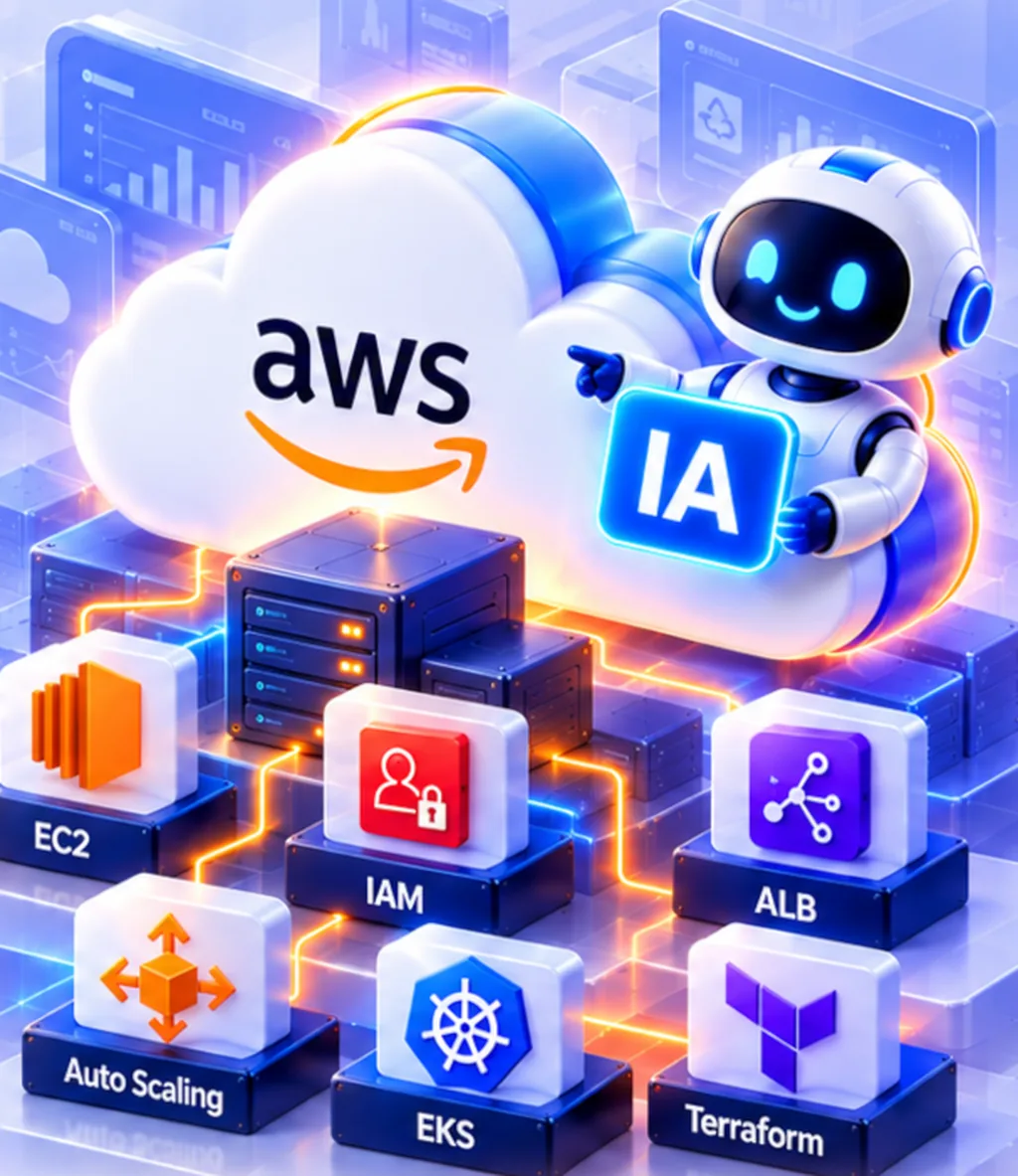 Nube de AWS con un asistente robótico señalando el panel de inteligencia artificial, junto a los íconos de EC2, IAM, ALB, Auto Scaling, EKS y Terraform