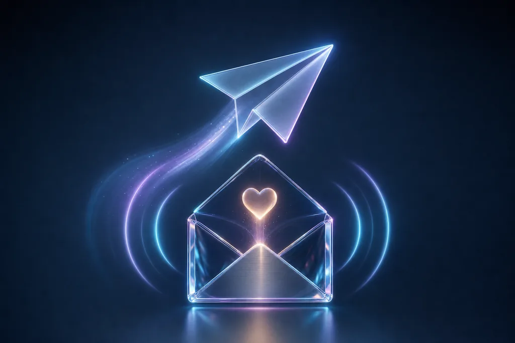 Un avión de papel de vidrio despegando hacia un sobre abierto con un corazón luminoso dentro, rodeado de ondas suaves, representando el deseo de escuchar al cliente
