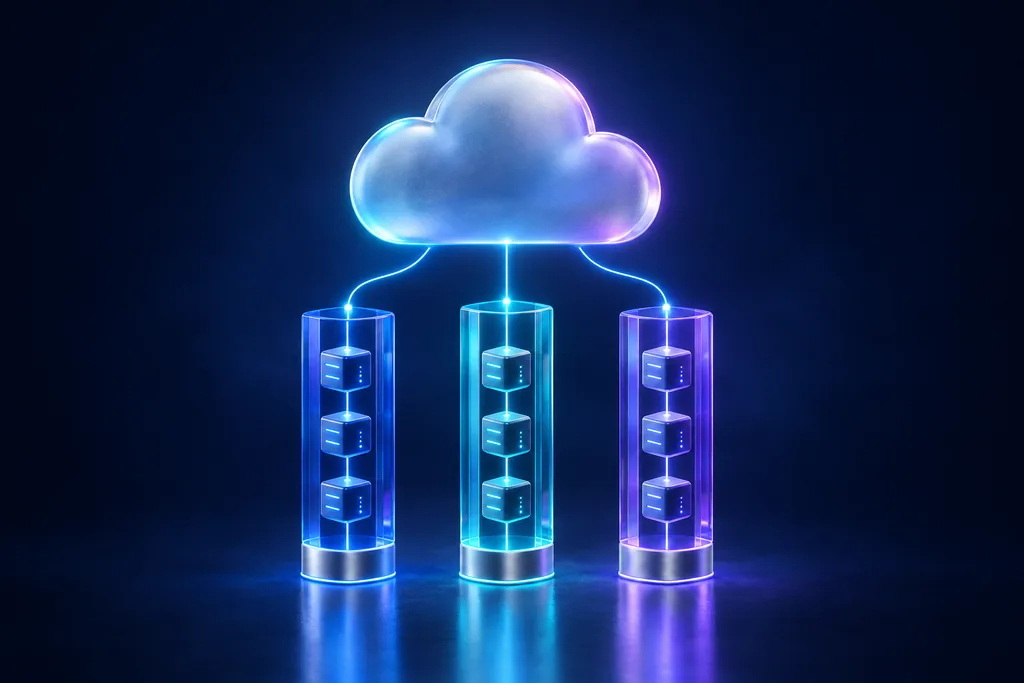 Nube de vidrio conectada a tres pilares de servidores, como un diagrama de arquitectura