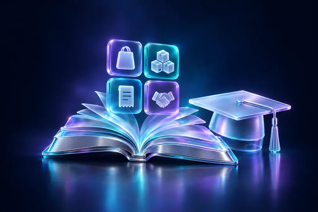 Libro abierto del que surgen módulos del ERP, junto a un birrete de graduación